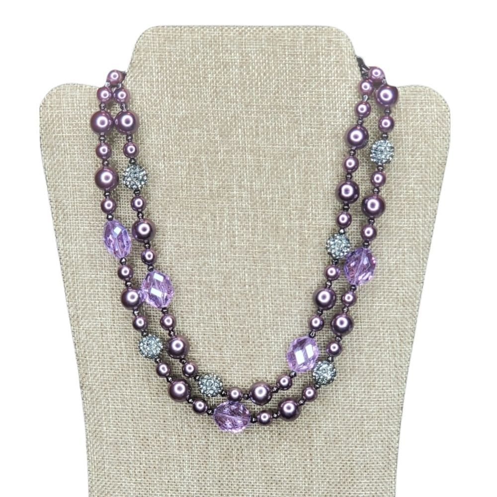 Premier Designs Purple and Gunmetal Beaded Necklace Lobster Claw Closure